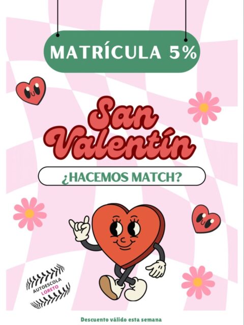 💘 SAN VALENTÍN EN AUTOESCOLA LORETO 💘
Este febrero no busques match…
¡Haz match con tu carnet! 🚗✨
🎁 Matrícula con 5% de descuento
📅 Promoción válida solo esta semana
Si llevas tiempo diciendo “de este año no pasa”… este es tu momento 😉
Aprende con nosotros, aprueba con seguridad y empieza a conducir tu propia historia ❤️
📍 Autoescola Loreto – Cunit
📲 Escríbenos por DM o llámanos y reserva tu plaza
#SanValentín #HacemosMatch #Autoescuela #CarnetDeConducir #AutoescolaLoreto Cunit DescuentoEspecial